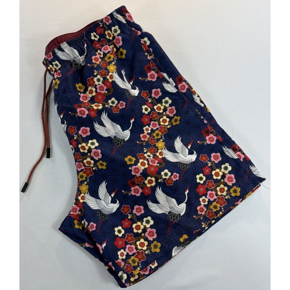Broken Threads Swim Trunks Men's M Blue Floral Bird Lined Shorts